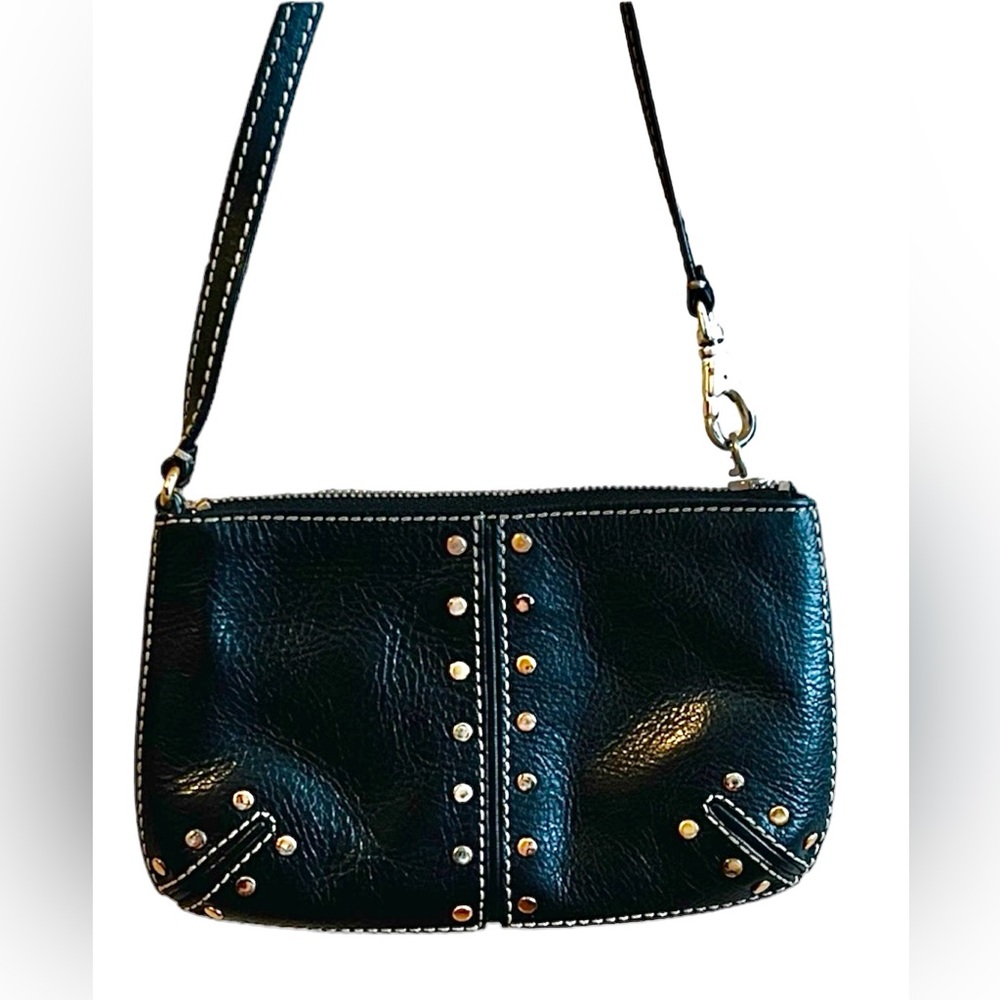 Michael Kors Black Leather and embossed Silver Button Wristlet Vintage